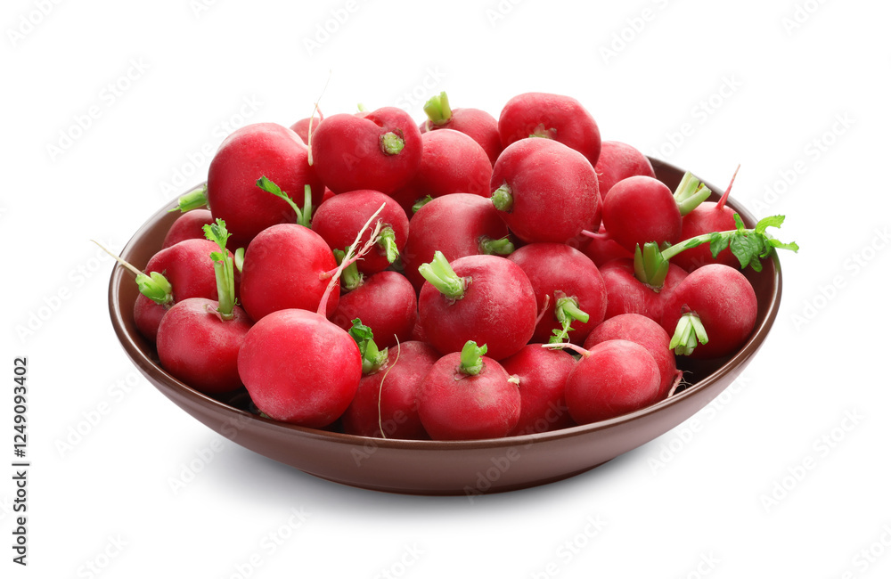 Fresh ripe radishes in bowl isolated on white Fresh ripe radishes in bowl isolated on white