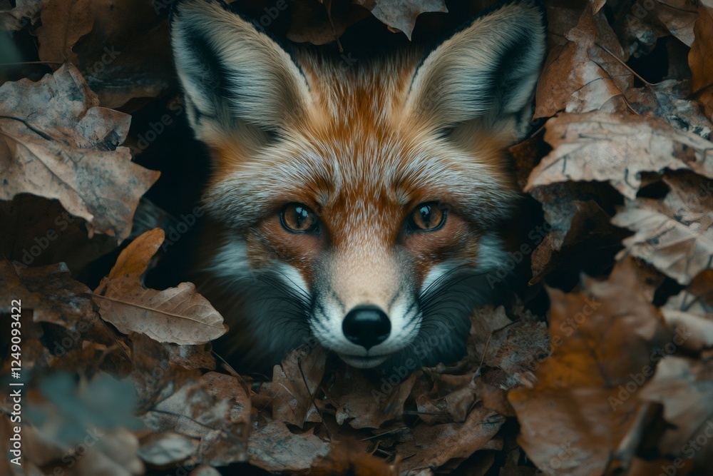 Fototapeta premium Red fox hiding in autumn leaves, wildlife portrait