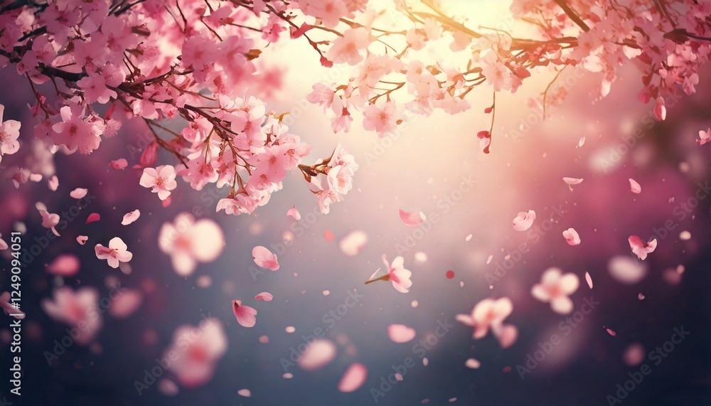 Obraz premium Cherry Blossom Breeze – Delicate pink petals drifting through the air with copy space