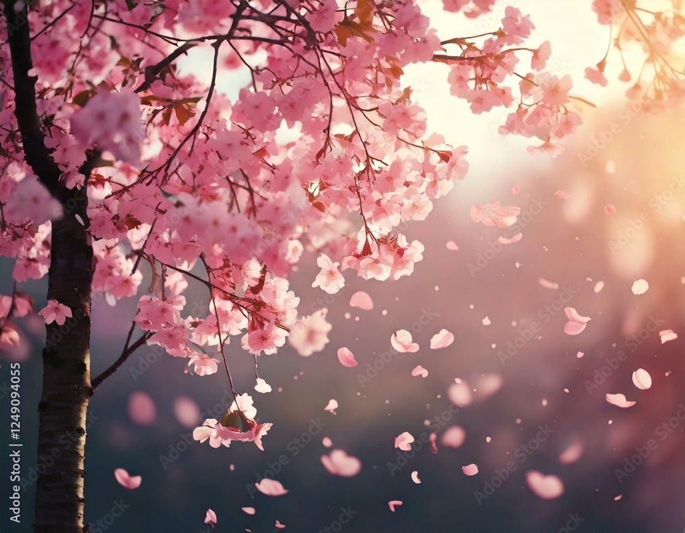 Fototapeta premium Cherry Blossom Breeze – Delicate pink petals drifting through the air with copy space
