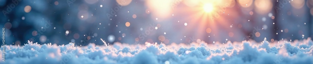 Naklejka premium Frosty landscape with snowflakes gently falling, calm, bokeh, serene