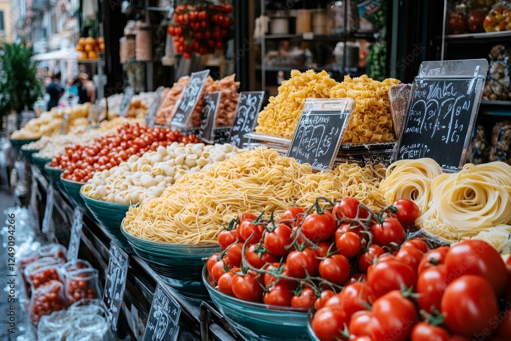 Fresh pasta and tomatoes displayed on market stall, showing italian cuisine ingredients Fresh pasta and tomatoes displayed on market stall, showing italian cuisine ingredients