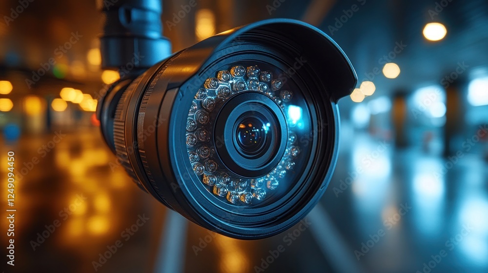 Obraz premium Close-up of a security camera lens in a dimly lit environment.