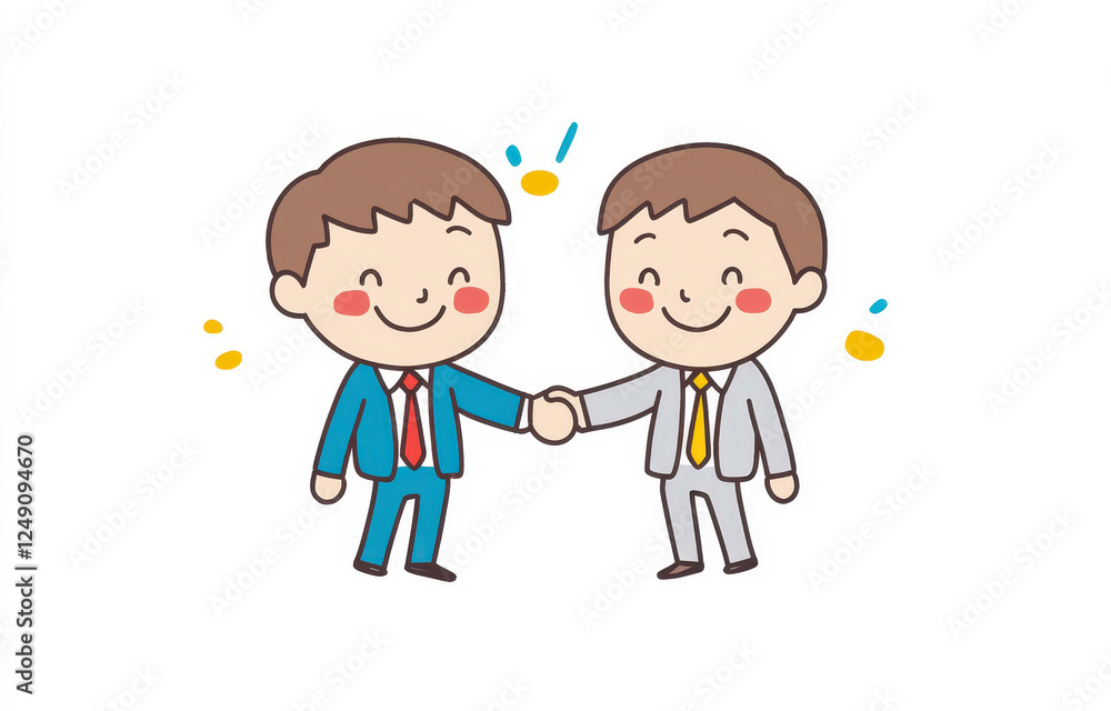 Friendly handshake between two cartoon businessmen in colorful suits Friendly handshake between two cartoon businessmen in colorful suits