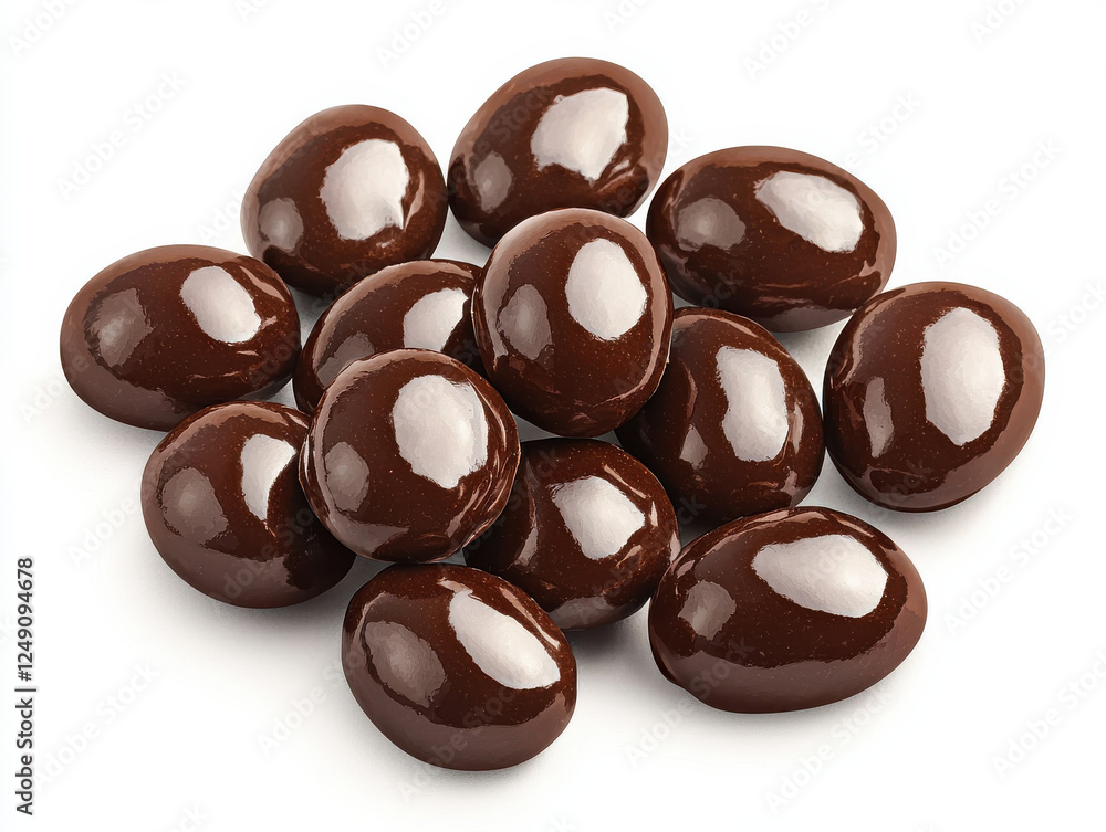Shiny dark chocolate covered almonds in glossy finish isolated design on white background Shiny dark chocolate covered almonds in glossy finish isolated design on white background
