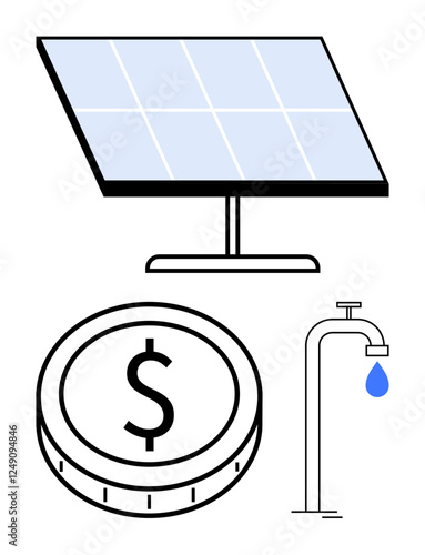 Solar panel, coin with dollar sign, dripping water tap. Ideal for energy efficiency, sustainability, renewable energy, saving, eco-friendly technology conservation and resource management. Abstract