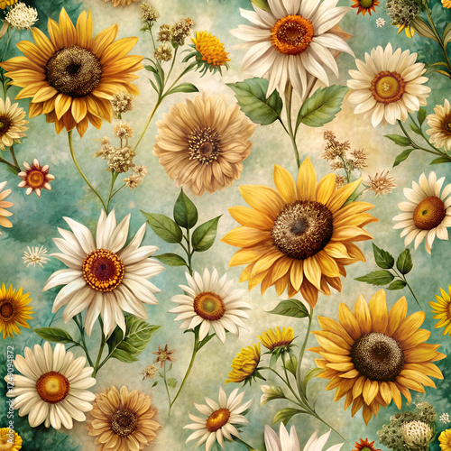 Vintage Sunflower and Daisy Floral Pattern