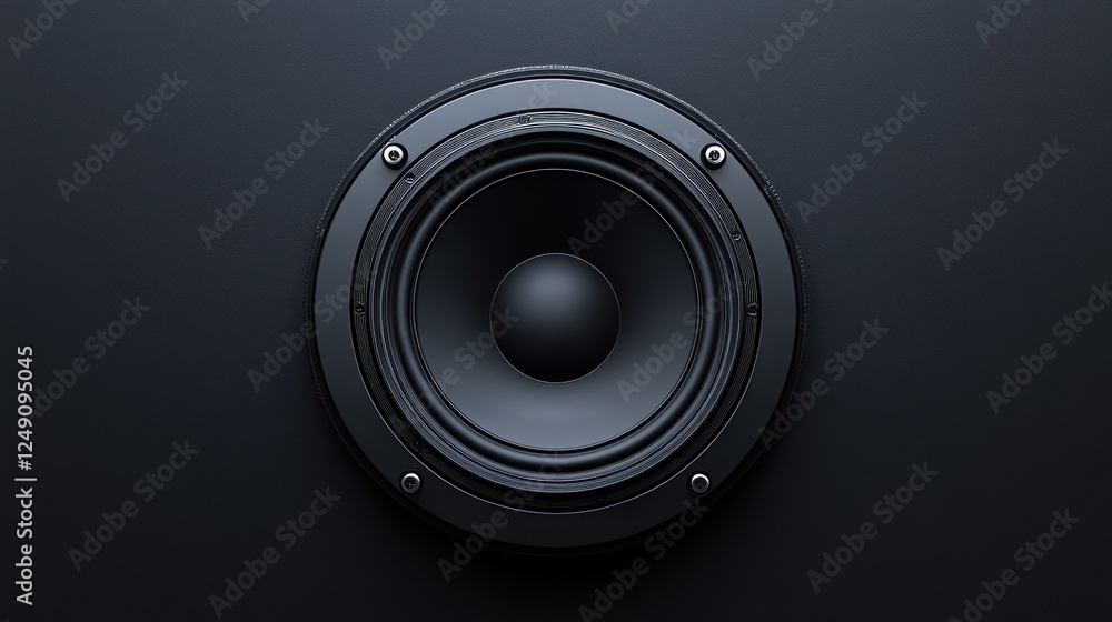 Close-up of a single black speaker against a dark background. Close-up of a single black speaker against a dark background.