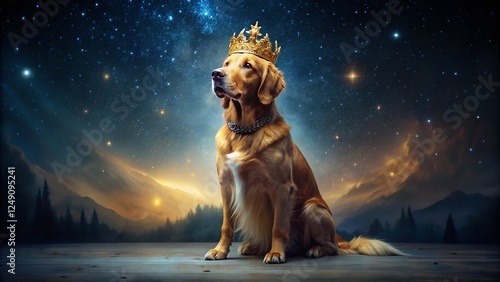 Majestic Huntaway Dog Wearing a Crown at Night - Stunning Night Photography photo