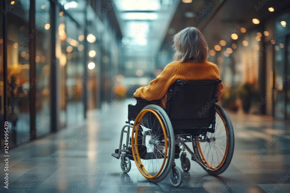 Obraz premium Woman in wheelchair contemplating inside modern building
