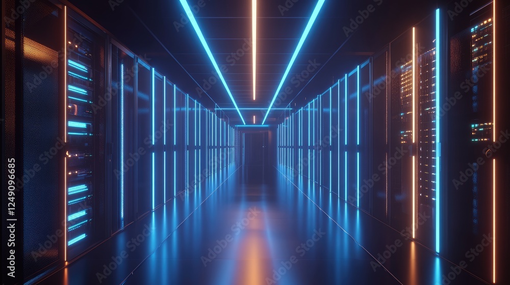 A futuristic data center hallway with blue and orange neon lights, sleek server racks, and a reflective floor. Ideal for tech, IT, and digital innovation themes A futuristic data center hallway with blue and orange neon lights, sleek server racks, and a reflective floor. Ideal for tech, IT, and digital innovation themes