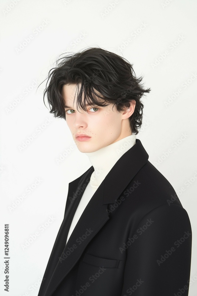 Stylish Young Man in Black Suit with Messy Wavy Hair