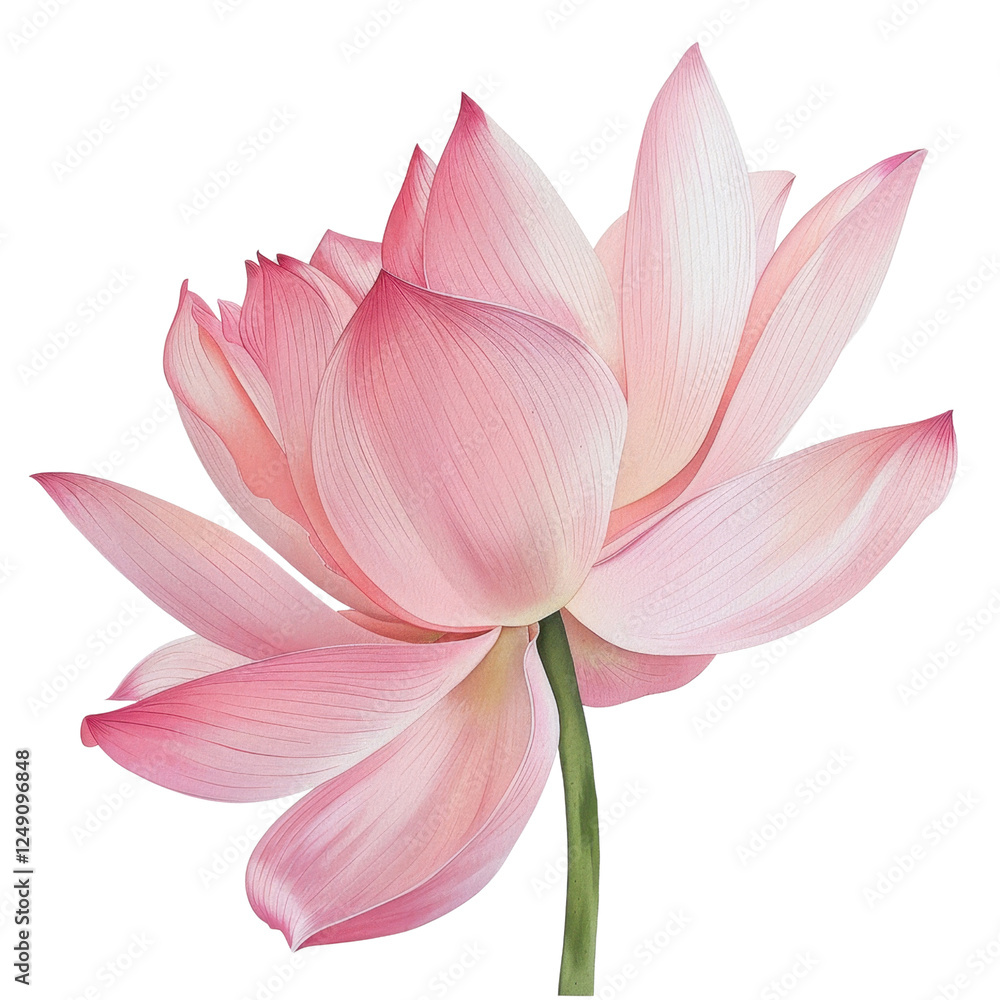 beautiful pink lotus flower with delicate petals and green stem, symbolizing purity and tranquility. This stunning floral illustration captures essence of nature elegance beautiful pink lotus flower with delicate petals and green stem, symbolizing purity and tranquility. This stunning floral illustration captures essence of nature elegance