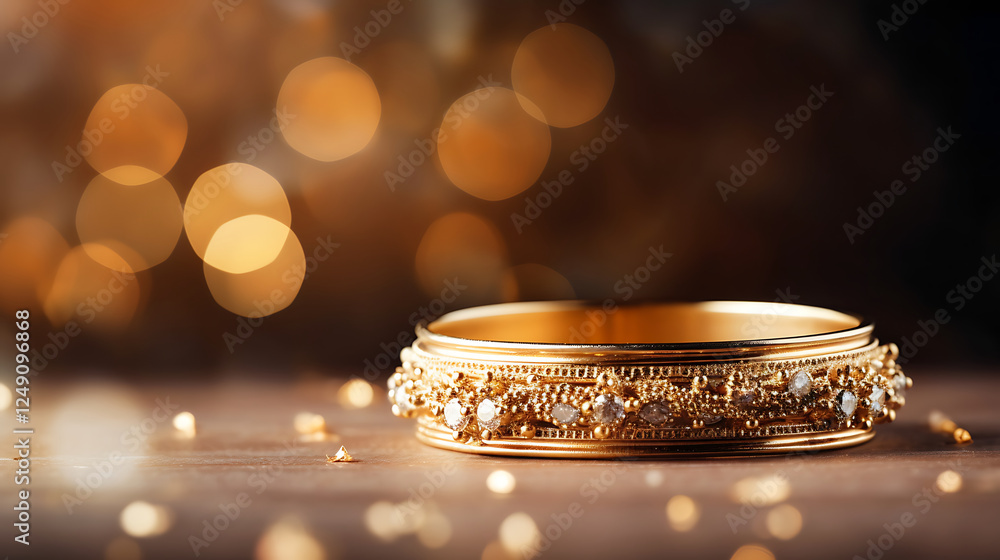 Gold bangle, diamonds, festive bokeh. Jewelry website banner Gold bangle, diamonds, festive bokeh. Jewelry website banner