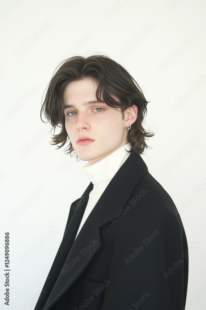 Stylish Young Man in Black Suit with Messy Wavy Hair Stylish Young Man in Black Suit with Messy Wavy Hair