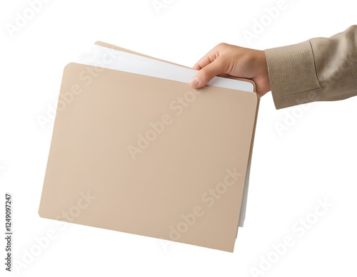  A hand holding a beige file folder with visible white documents  isolated on white and transparent background.