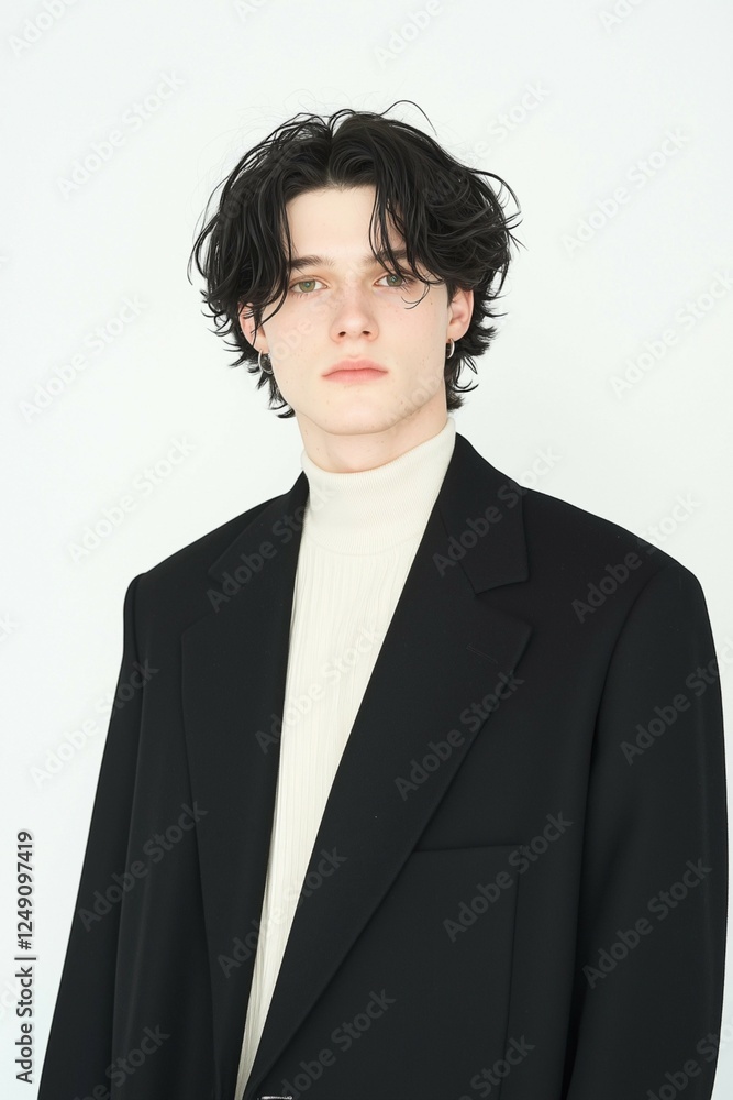Stylish Young Man in Black Suit with Messy Wavy Hair Stylish Young Man in Black Suit with Messy Wavy Hair