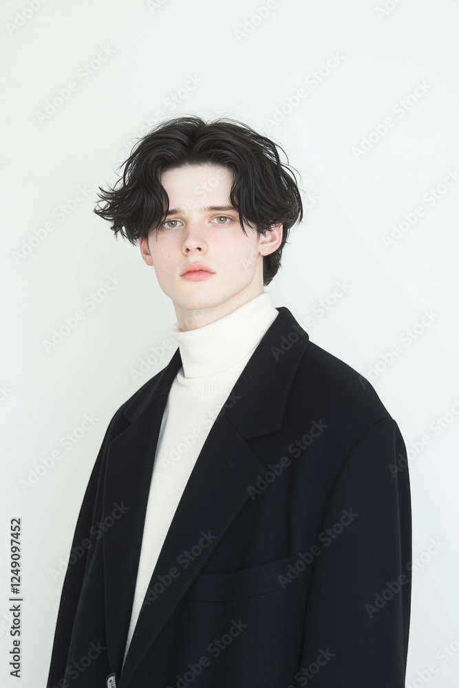 Stylish Young Man in Black Suit with Messy Wavy Hair Stylish Young Man in Black Suit with Messy Wavy Hair