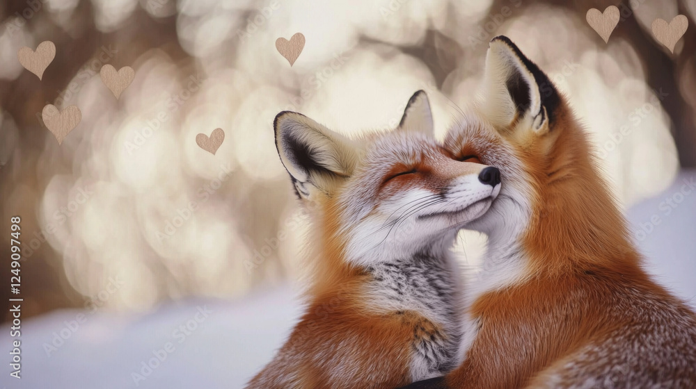 Fototapeta premium Foxes cuddling with hearts above, depicting love and affection, St Valentines Day postcard