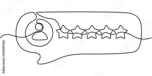 5Chat speech bubble gold five stars score of customer review rating continuous one line drawing, Review, Rating Satisfaction concept, Customer Experience Concept, Concept of excellence, Five stars. 