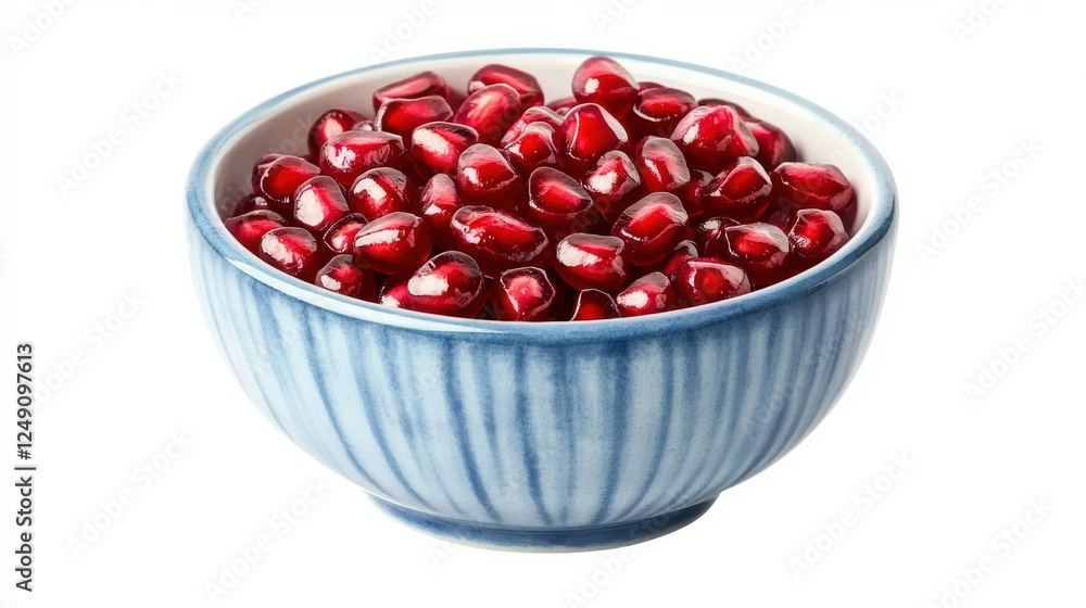 Pomegranate seeds in blue ceramic bowl on white background isolated design on white background Pomegranate seeds in blue ceramic bowl on white background isolated design on white background