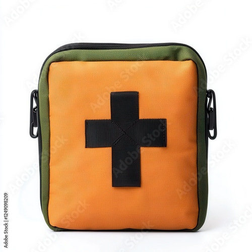 Bright Orange First Aid Kit with Black Cross Symbol and Green Trim
