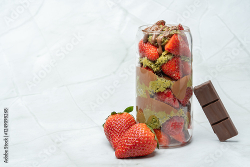 Popular Dubai chocolate strawberry cup with kunafa, pistachio paste, tahini, milk chocolate and fresh strawberries. Decorated with strawberries and chocolate bar piece. Copy space for text.