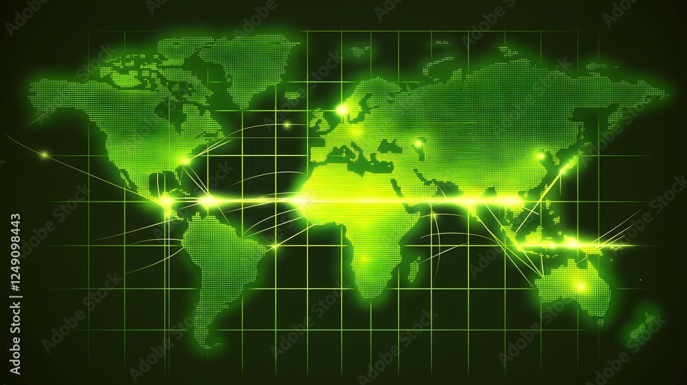 Digital World Map Network Visualization with Global Connection Lines Technology Communication System Green Illuminated Geographic Information Data Analysis Digital World Map Network Visualization with Global Connection Lines Technology Communication System Green Illuminated Geographic Information Data Analysis