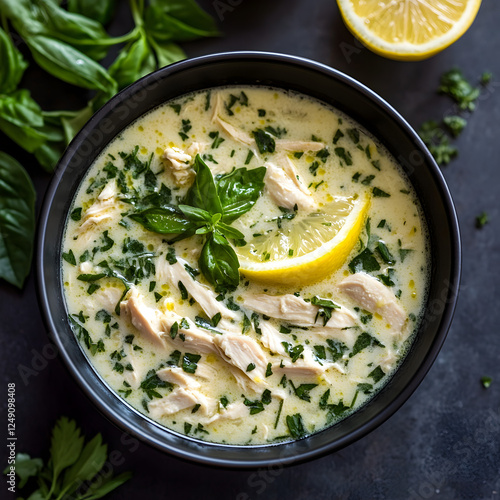 Avgolemono - A Greek Soup With Lemon, Chicken, And Herbs.  photo