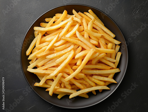 Food image: French fries on a plate on black background. Advertising illustration.