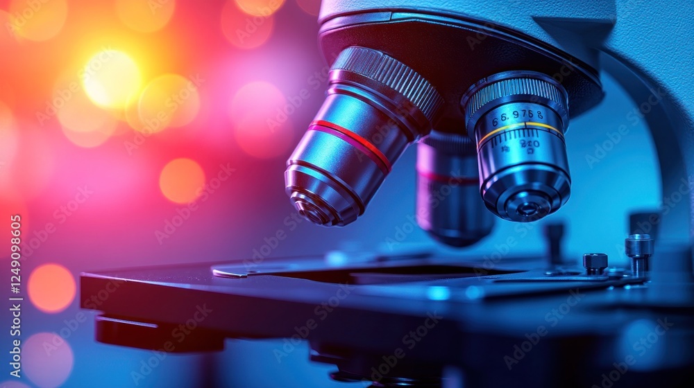 Close-up of microscope lenses against a bokeh background. Close-up of microscope lenses against a bokeh background.