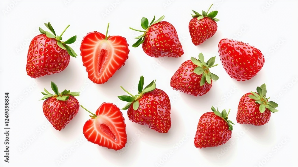 Vibrant red strawberries cascade against a clean white backdrop, highlighting their juicy allure and freshness Vibrant red strawberries cascade against a clean white backdrop, highlighting their juicy allure and freshness
