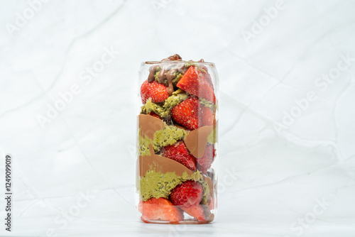 Dubai chocolate strawberry cup with kataifi, pistachio paste, milk chocolate and fresh strawberries. Street food desserts and sweets. Copy space for text.