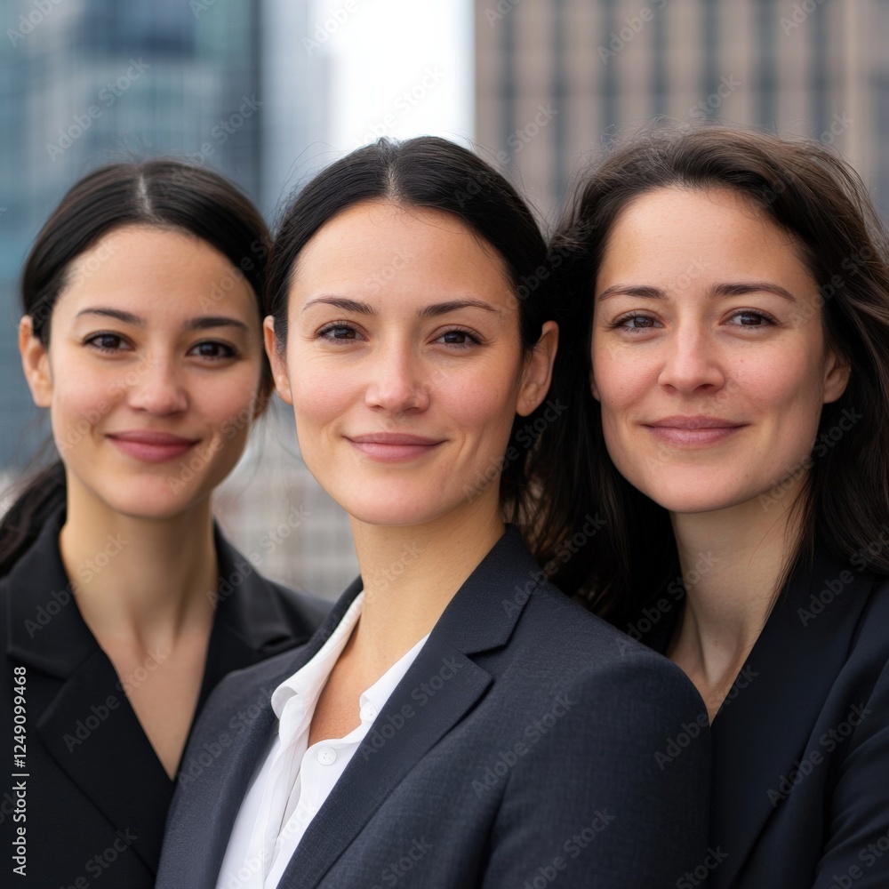 three businesswomen smiling with city backdrop three businesswomen smiling with city backdrop