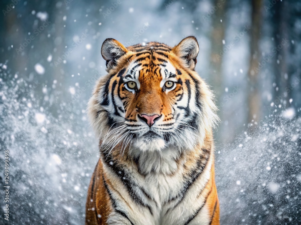 Naklejka premium Majestic Siberian Tiger, Winter Wonderland, Snow Covered Fur, Blizzard