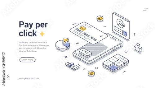 Various elements of electronic payment systems, including a mobile device, digital cards, and financial charts. Modern line art isometric web banner, landing page template