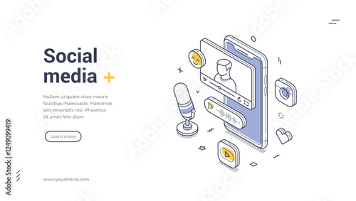 A smartphone displays a video call featuring a person. Social media isometric line art web banner, landing page template