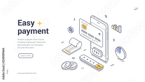 Digital payment processes are represented in an isometric design, featuring a smartphone, credit card, and various financial elements. Line art web banner, landing page template