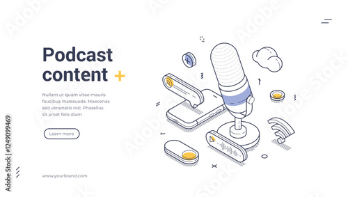 Podcast content modern line art web banner, landing page template. Microphone surrounded by audio-related icons. Online communication and creativity activities like streaming, podcasting