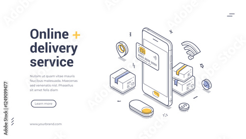 Online delivery service modern isometric line art web banner. Mobile apps facilitate quick transactions with credit cards and packages