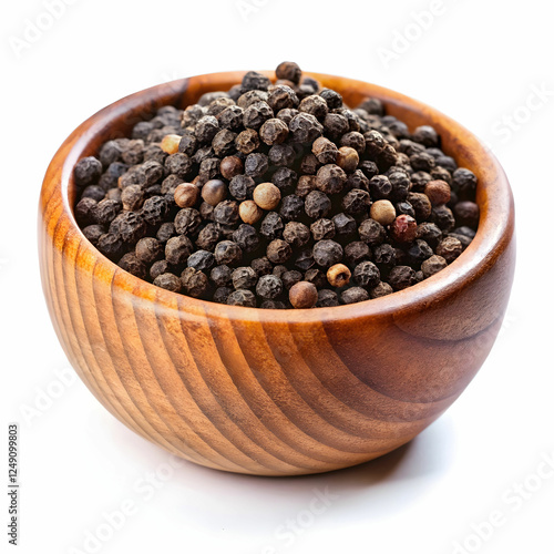 A black pepper in a wooden bowl isolated on a white background