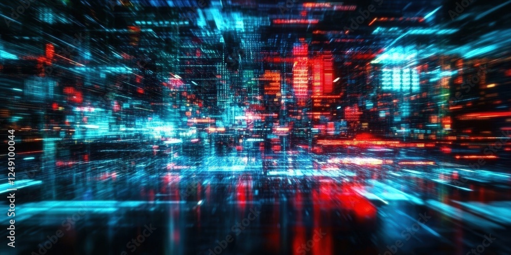 Abstract digital scenery with vibrant pixelated light streaks flowing across streams of data in a futuristic urban landscape Abstract digital scenery with vibrant pixelated light streaks flowing across streams of data in a futuristic urban landscape