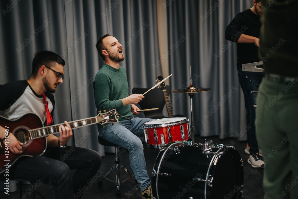 Fototapeta premium A group of musicians performing in a modern studio setting, displaying teamwork and creativity. The scene showcases individuals playing guitar and leading vocals while practicing their craft.