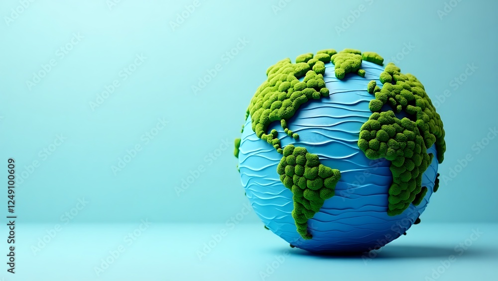 Fototapeta premium Earth as Sculptural Globe with Tree Continents and Rippling Water for World Water Day