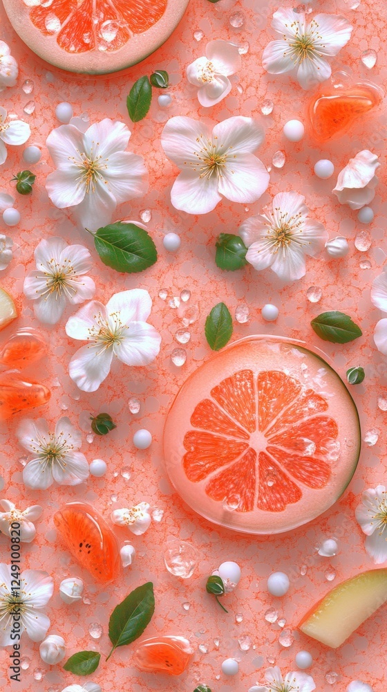 Fresh Grapefruit and Cherry Blossom Arrangement on Peach Surface Fresh Grapefruit and Cherry Blossom Arrangement on Peach Surface