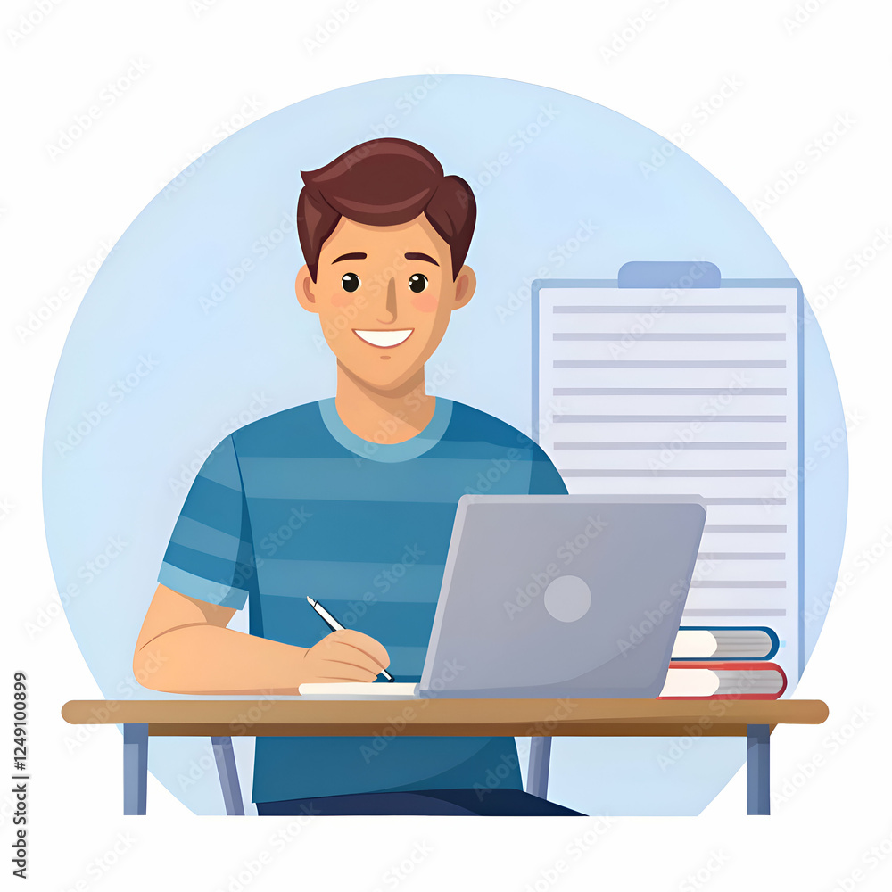 Smiling Student Taking Notes on Laptop. Education Concept Smiling Student Taking Notes on Laptop. Education Concept