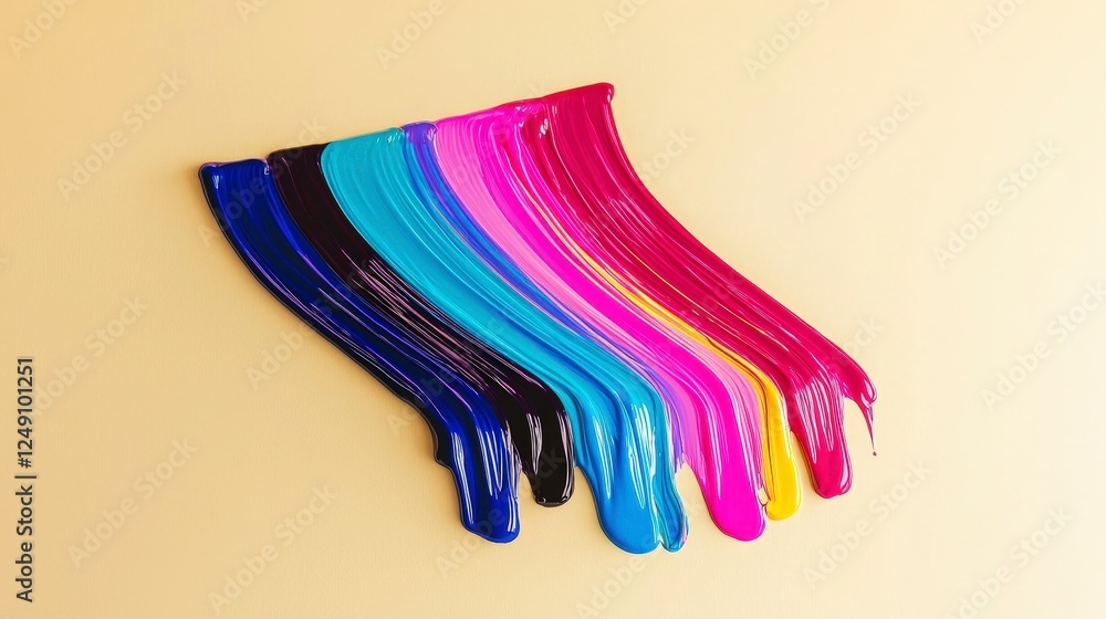 Naklejka premium Vibrant Swatches of Paint Dripping on a Light Yellow Background