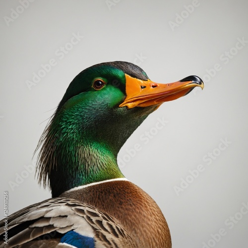 A realistic mallard duck with green feathers and an orange beak, isolated on white.