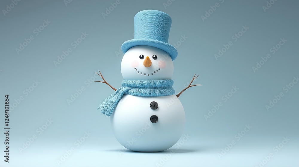 Cute 3D snowman, studio shot, blue background, holiday Cute 3D snowman, studio shot, blue background, holiday