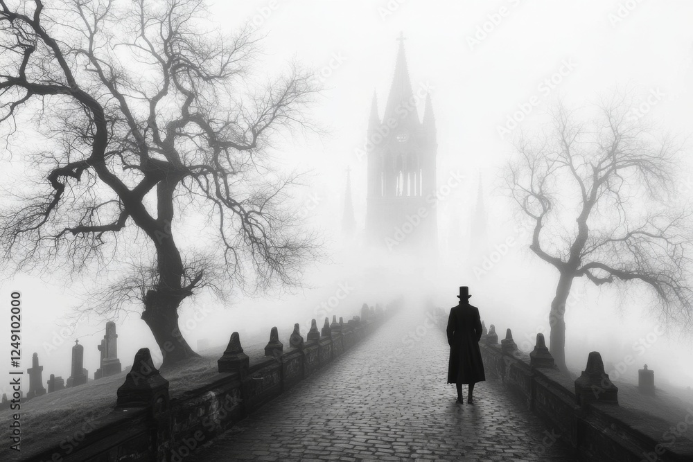 Obraz premium A gothic wanderer experiencing a haunting vision in a mysterious, fog-covered graveyard
